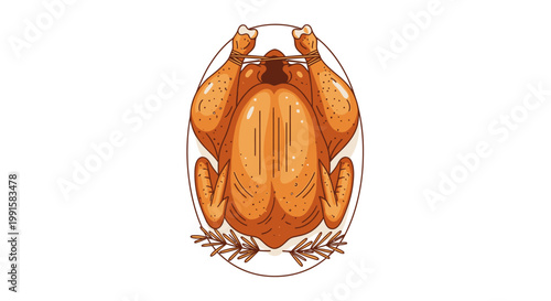 Roasted chicken illustration on white background for culinary and festive themes