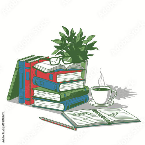 Stacked books plant coffee cup pencil study and knowledge concept