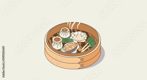 Steaming bamboo basket with assorted food items prepared for serving