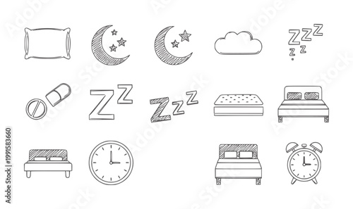 Hand drawn for sleep and rest including beds moon and clock pillow