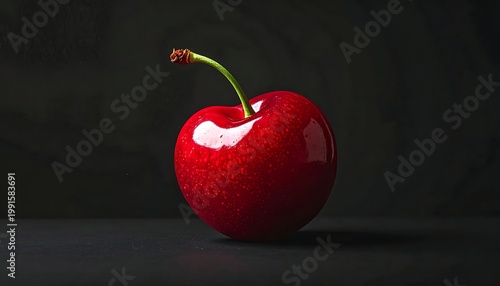 Single Ripe Red Cherry Macro Photography On Dark Textured Background With Elegant Studio Lighting And Glossy Skin Detail