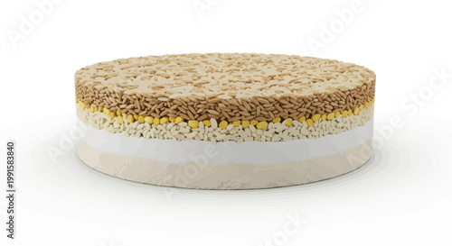 Multi-layered circular cake constructed of assorted grains and seeds on a circular plate in cartoon style illustration