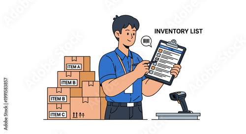 Warehouse worker checking inventory list with boxes and a barcode scanner