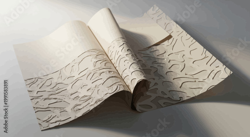 Open book stylized as topographic map with folded pages creating an abstract relief landscape contour lines neutral colors cartoon style