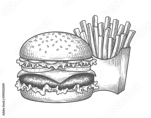 Hand drawn of a double cheeseburger with lettuce tomato and a side of french fries in a paper