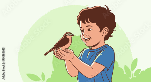 Young boy smiles holding a bird indoors with sunlight on a green background