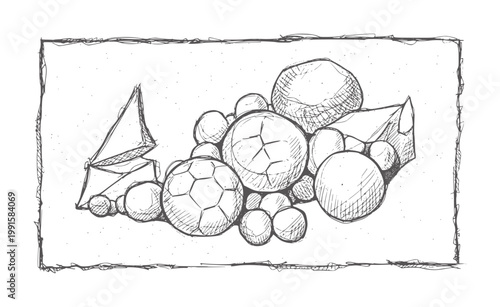 Hand drawn of assorted spheres and geometric shapes handdrawn monochrome blackwhite