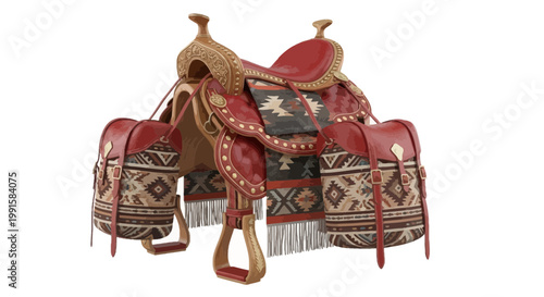 Ornate Western saddle with blanket and saddlebags featuring Southwestern pattern in beige and red tones isolated on white