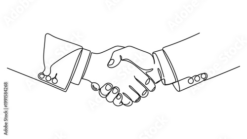Continuous line drawing of two business people shaking hands.. Continuous line style. Hand drawn. Line art. Vector design. illustration