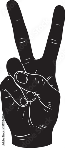 Black peace sign hand gesture on a white background