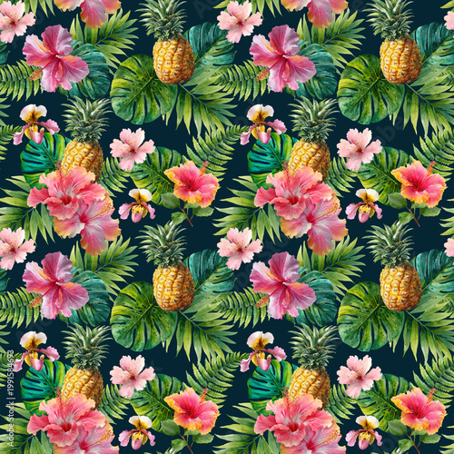 Seamless tropical pattern featuring pineapples, hibiscus flowers, and lush green leaves on a dark background, vibrant exotic summer design.