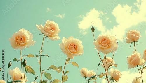 A Charming Display of Pastel Roses in a Serene Garden Under a Tranquil Blue Sky Bathed in Sunlight.