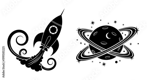 Black space icons, rocket ship, planet, stars, vector graphics