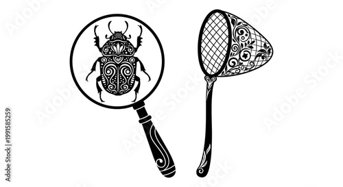 Insect, bug, magnifying glass, net, black and white, vector icons, 2 elements
