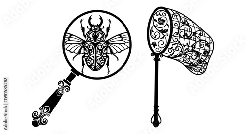 Vintage insect magnifying glass, ornate bug viewer, black line art, 2 decorative hand lenses