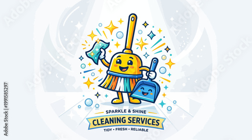 Smiling Broom Character Holding Mop Bucket.
