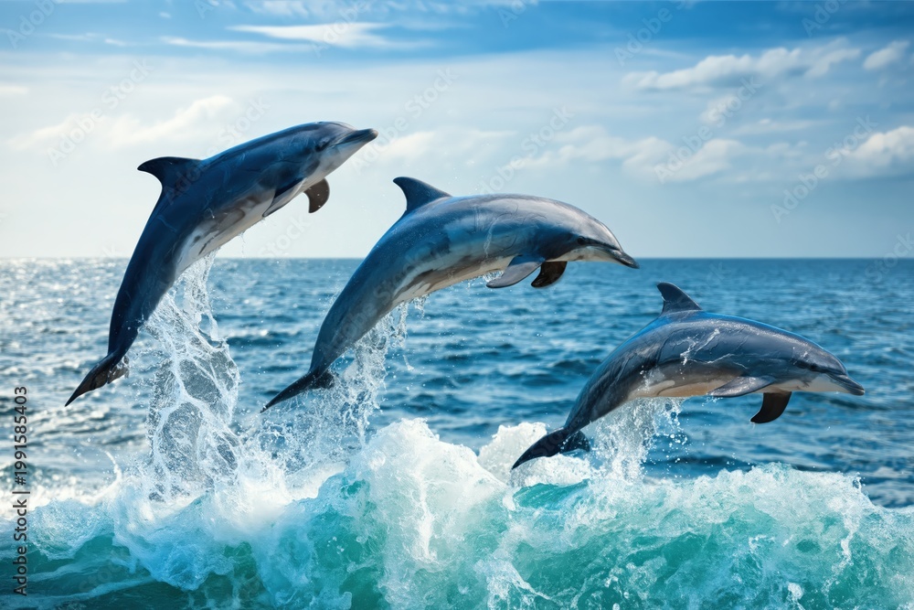 Obraz premium Three dolphins leap out of the ocean waves under a partly cloudy sky.