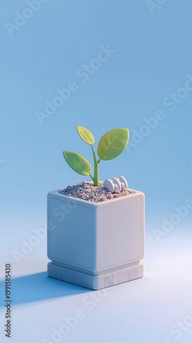 Young plant grows in a small square pot on a blue surface