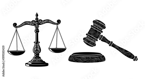 Law, justice, scales, gavel, and sound block, black vector icons, legal symbols