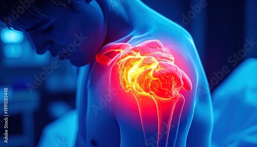 A human shoulder joint with glowing red inflammation, symbolizing pain, injury, and musculoskeletal conditions.