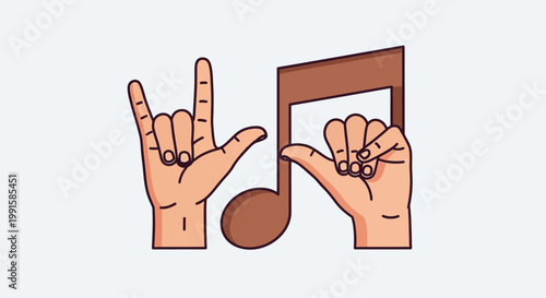 Illustration of hands making signs and music note symbol.