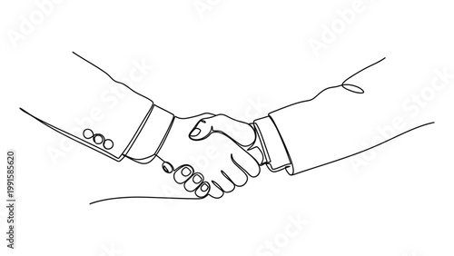 Continuous line drawing of two business people shaking hands.. Continuous line style. Hand drawn. Line art. Vector design. illustration