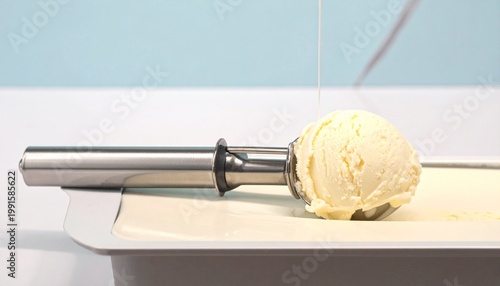 A stainless steel scoop holding vanilla ice cream, symbolizing dessert enjoyment, kitchen utility, and culinary presentation.