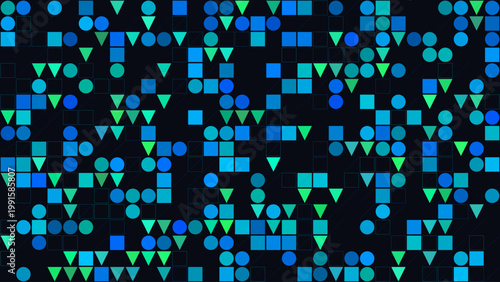 Abstract blue digital technology background featuring geometric mosaic squares and network connection elements