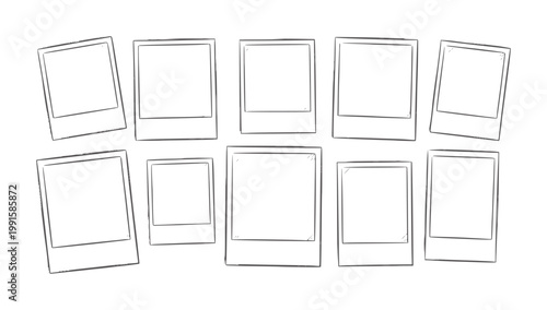 Nine blank instant scattered in a random arrangement polaroid outlines white