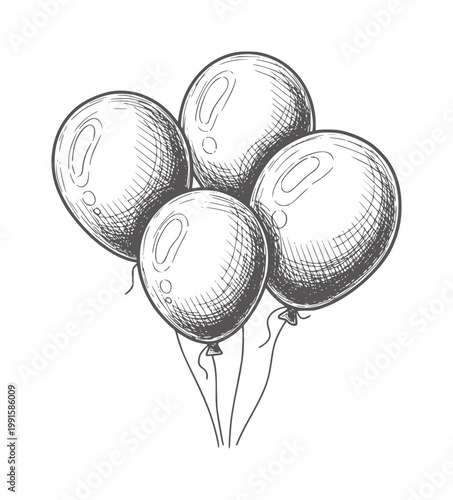 Of four grey balloons tied with strings monochrome celebration party