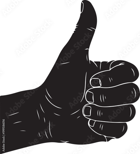Black thumbs up hand gesture on white background