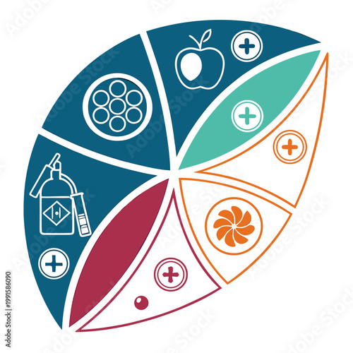 Leaf shaped design with various medical and health icons.