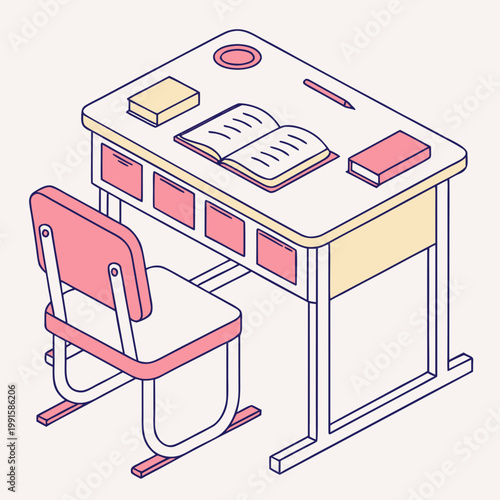 Student desk with drawers and chair.