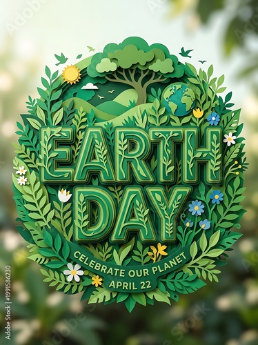 Earth Day illustration celebrates our green planet with trees and flowers
