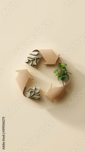 Eco-friendly recycle symbol with paper and foliage on beige