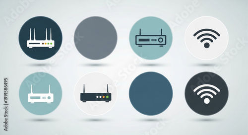 Collection of wireless router and wifi signal icons in circles.