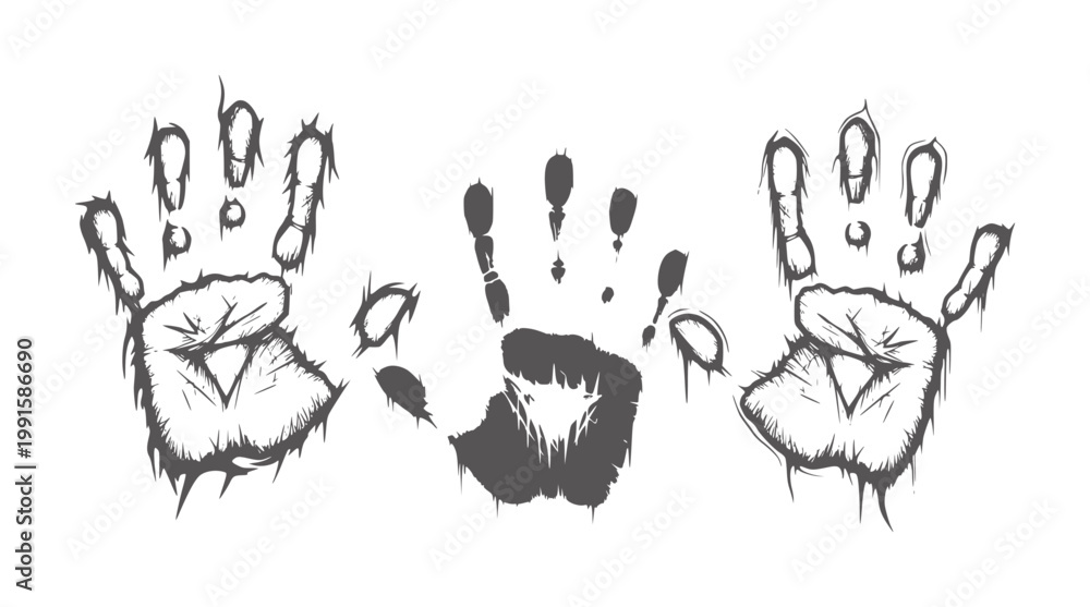 Obraz premium Three stylized black ink handprints with expressive symbols and dripping texture