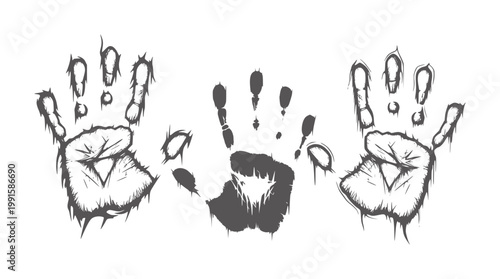 Three stylized black ink handprints with expressive symbols and dripping texture