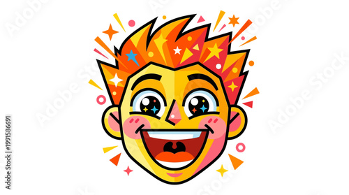 Smiling Cartoon Boy Face Closeup.