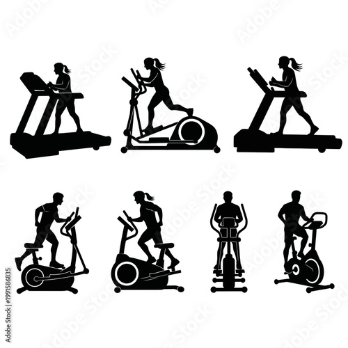 Silhouettes of People Exercising on Various Fitness Machines and Exercise Bikes in Gym

