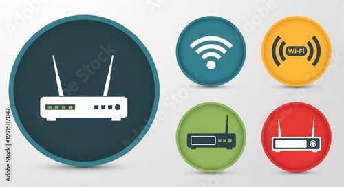 Wireless Router and Wi-Fi Signal Icons Collection.