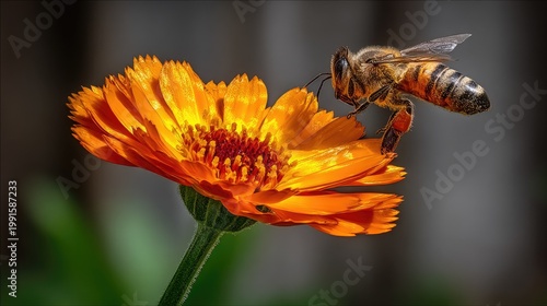 Detailed close up of a honey insect landing on a bright orange blossom in soft light