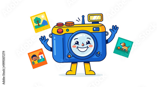 Smiling Cartoon Camera Character Holding Photos.