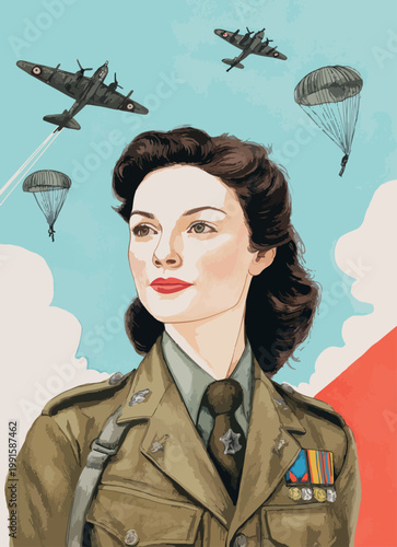 WWII Female Military Pilot Portrait with Paratroopers and Bomber Aircraft Vector Illustration