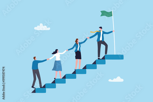 Teamwork growth or progress to achieve success, help or support from manager to grow employee career path, corporate ladder challenge, partnership, businessman leader help colleague to step up stair.