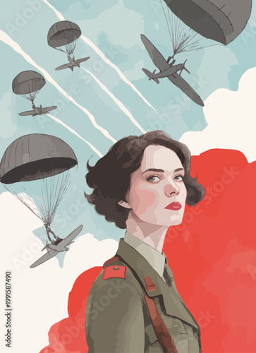 WWII Female Military Pilot Portrait with Paratroopers and Bomber Aircraft Vector Illustration
