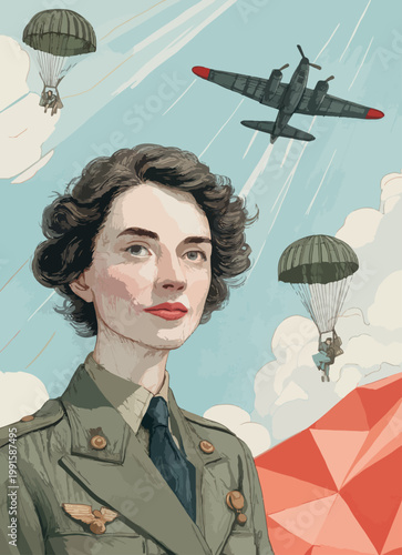WWII Female Military Pilot Portrait with Paratroopers and Bomber Aircraft Vector Illustration