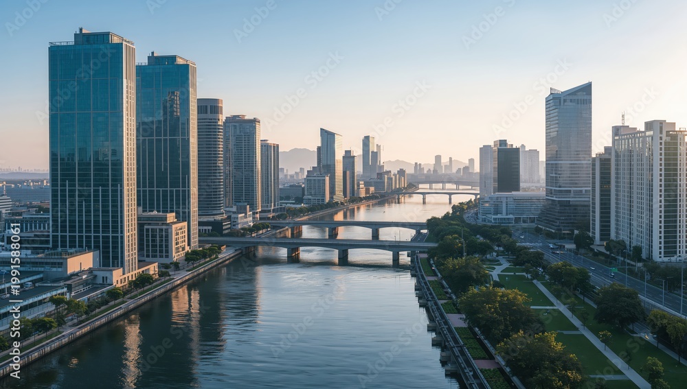 Fototapeta premium Futuristic city skyline with modern skyscrapers and canal waterfront captured in golden morning light showcasing urban infrastructure symmetry and luxury metropolitan development concept