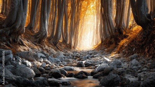 Sunlight filters through dense forest trees illuminating a rocky stream bed