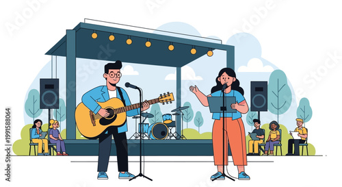 A male musician playing acoustic guitar and a female singer performing on a stage.